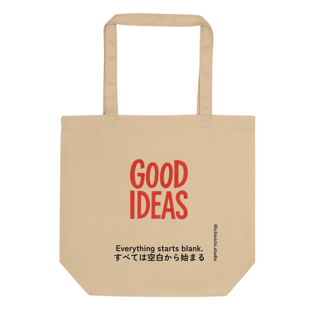 Minimal red text reading “Good Ideas” centered on white space, inspired by a blank notebook, minimalist Tote Bag design.