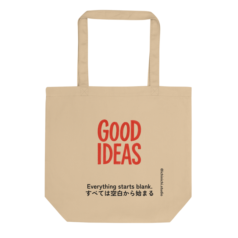 Minimal red text reading “Good Ideas” centered on white space, inspired by a blank notebook, minimalist Tote Bag design.