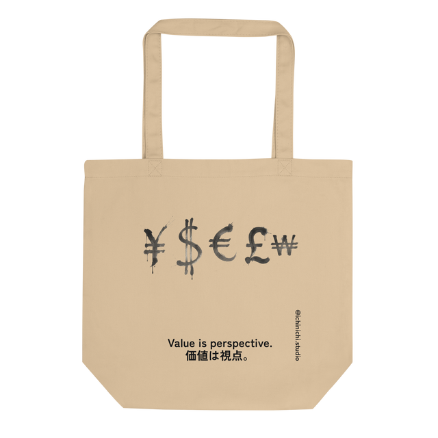 Minimalist Eco Tote Bag design featuring Yen, Dollar, Euro, Pound, and Won currency symbols in balanced modern layout.
