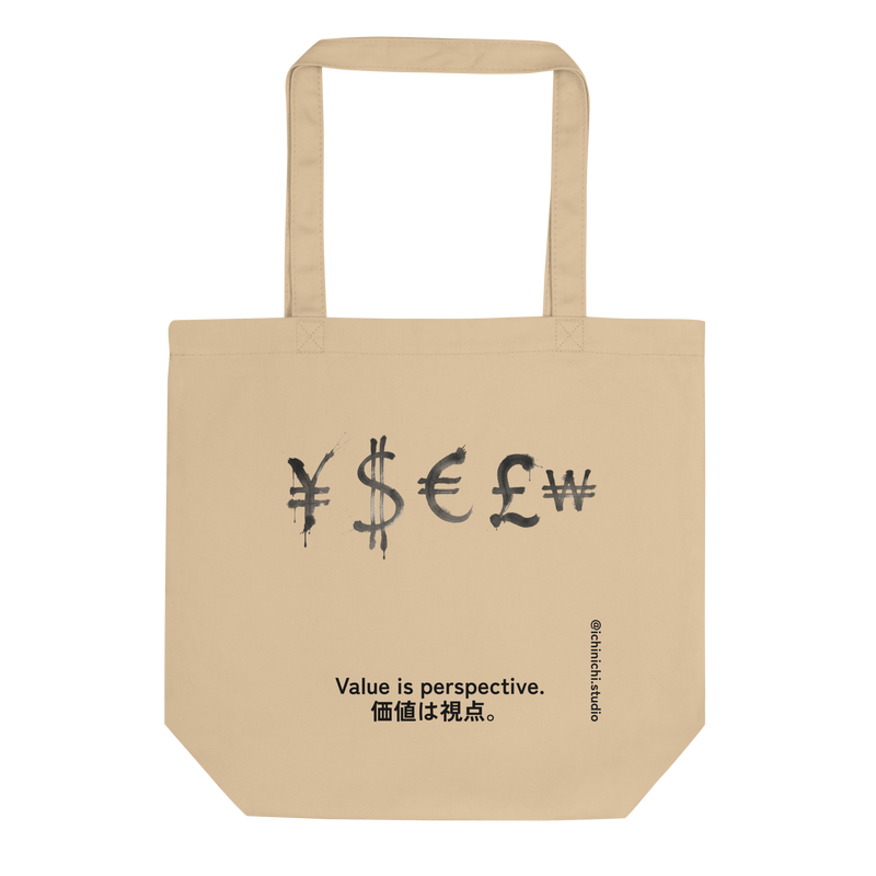 Minimalist Eco Tote Bag design featuring Yen, Dollar, Euro, Pound, and Won currency symbols in balanced modern layout.
