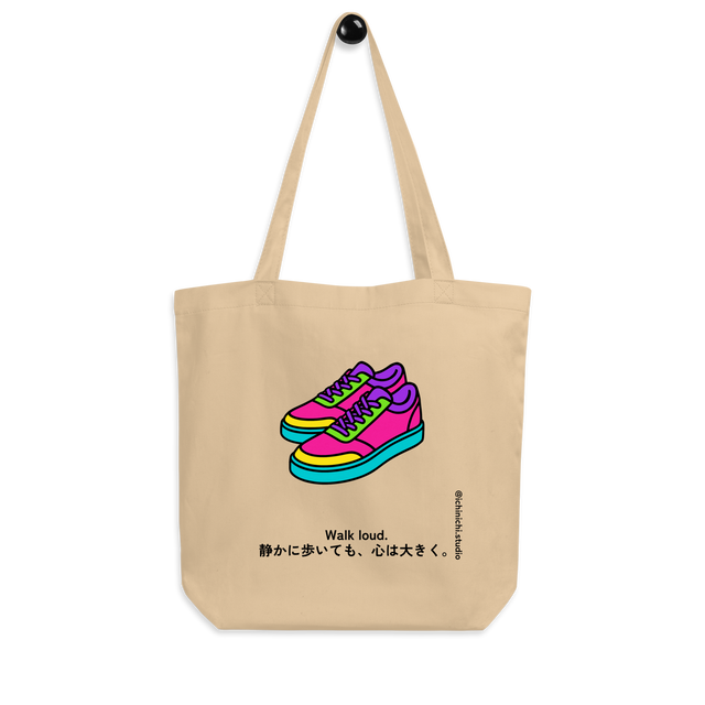 Minimalist Eco Tote Bag design with a Pop Art–inspired pair of sneakers drawn in bold, saturated colors.
