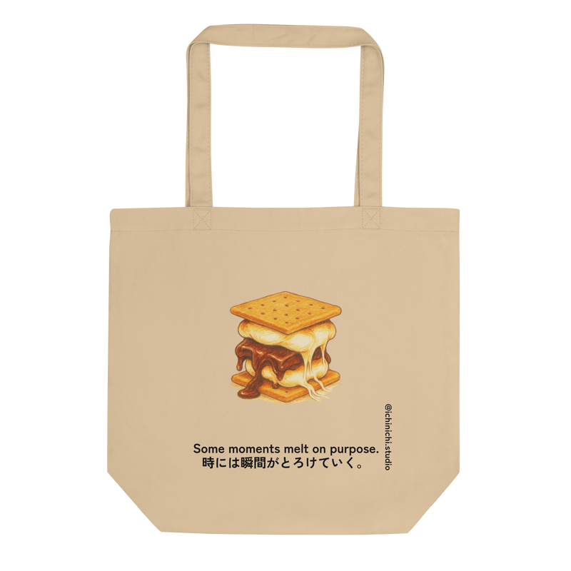 Minimal illustration of a gooey melting s’more on an eco tote bag.
