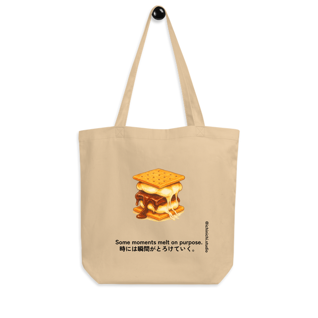 Minimal illustration of a gooey melting s’more on an eco tote bag.
