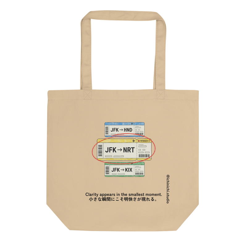 Minimal illustration of three flight tickets with one highlighted on an eco tote bag design.
