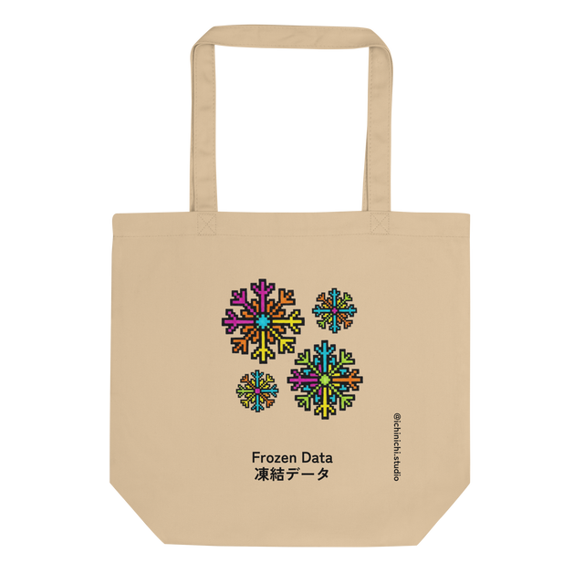 Eco Tote Bag featuring a colorful 8-bit pixel art snowflake design inspired by retro arcade games.
