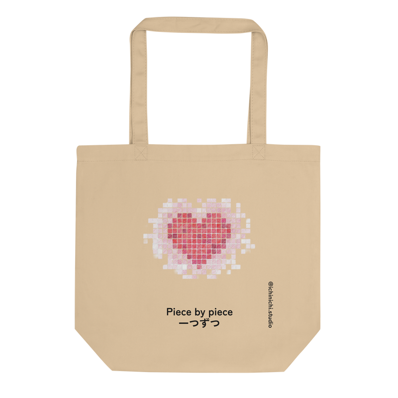 Eco Tote Bag featuring a hand-drawn mosaic tile heart in red and pink.