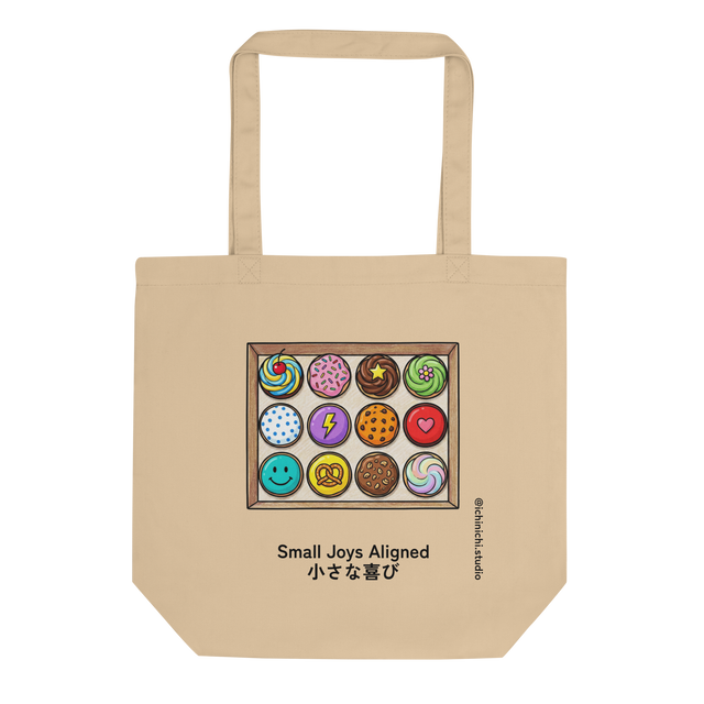 Organic cotton Eco Tote Bag featuring a hand-drawn overhead illustration of a box of twelve cupcakes.