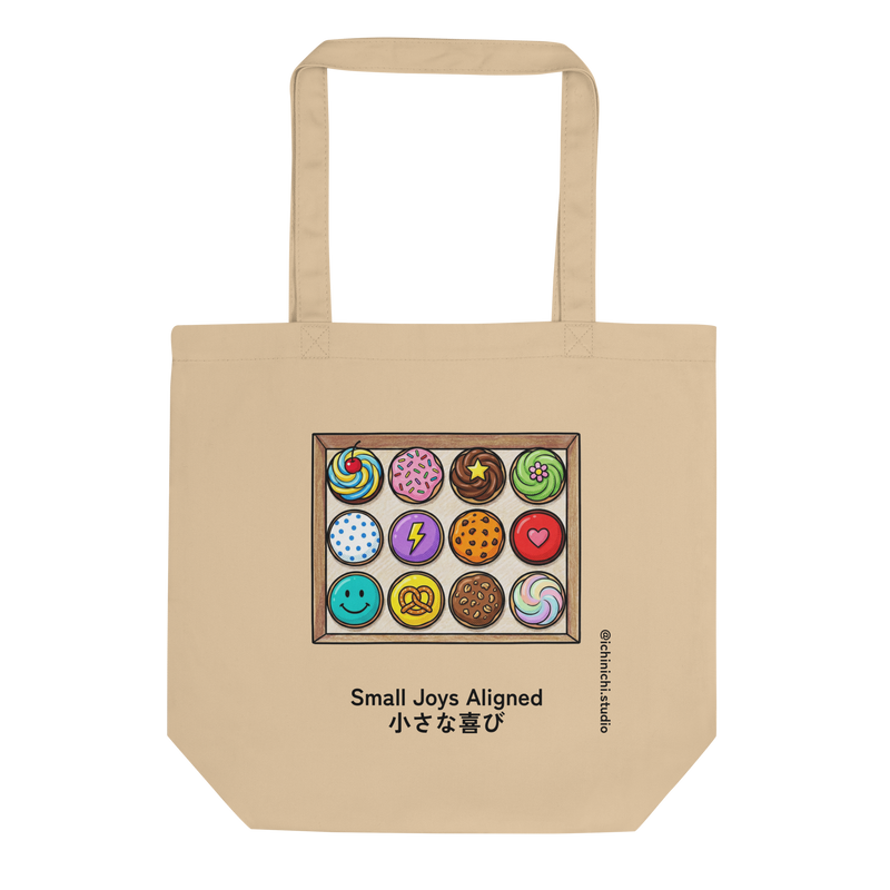 Organic cotton Eco Tote Bag featuring a hand-drawn overhead illustration of a box of twelve cupcakes.