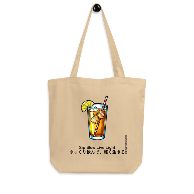 Marker illustration of tall iced tea glass with lemon and straw, Pop Art style, Tote Bag.