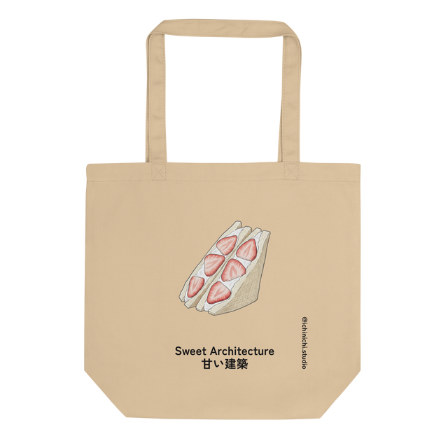 Minimalist Ichigo Sando strawberry sandwich design on an organic cotton eco tote bag.