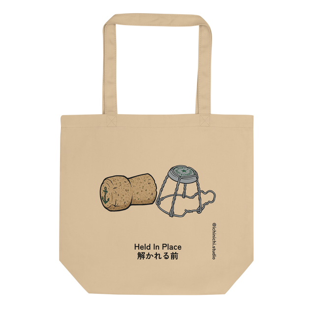 Champagne cork and metal cage marker graphic on an Eco Tote Bag.