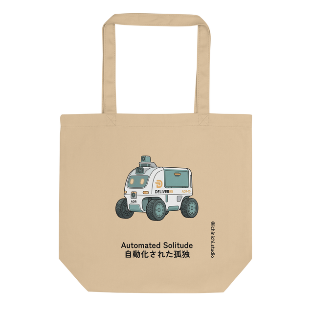 Mechanical delivery robot illustration in a minimalist line style on an Eco Tote Bag.