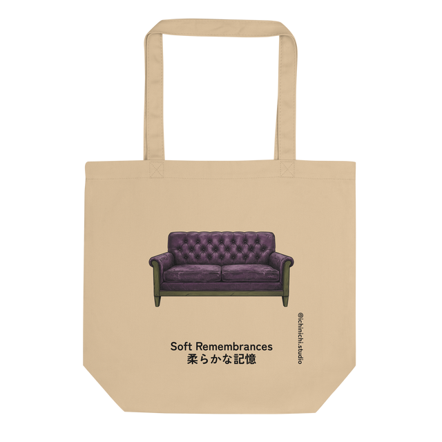Eco Tote Bag featuring a purple and olive cross-hatch illustration of Grandma's 1970s love seat.
