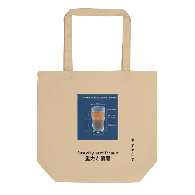 Blueprint graphic featuring Guinness and Pale Ale technical lines on an Eco Tote Bag.