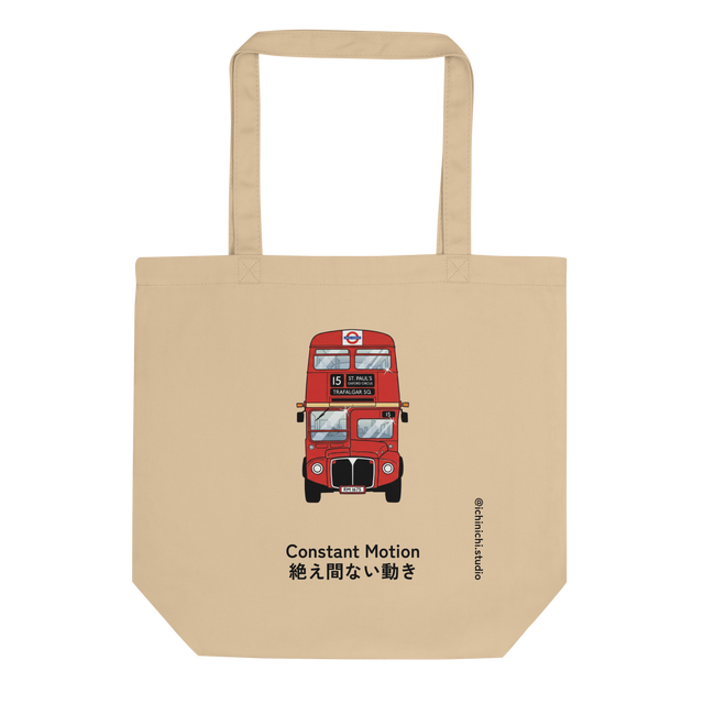 Front view marker illustration of a red London double decker bus on an eco tote bag.