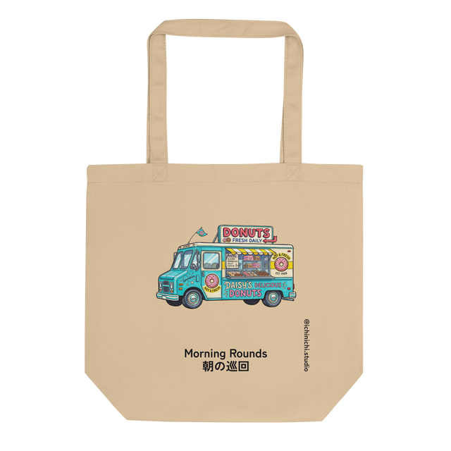 Minimalist marker drawing of a mobile donut truck printed on an Eco Tote Bag.