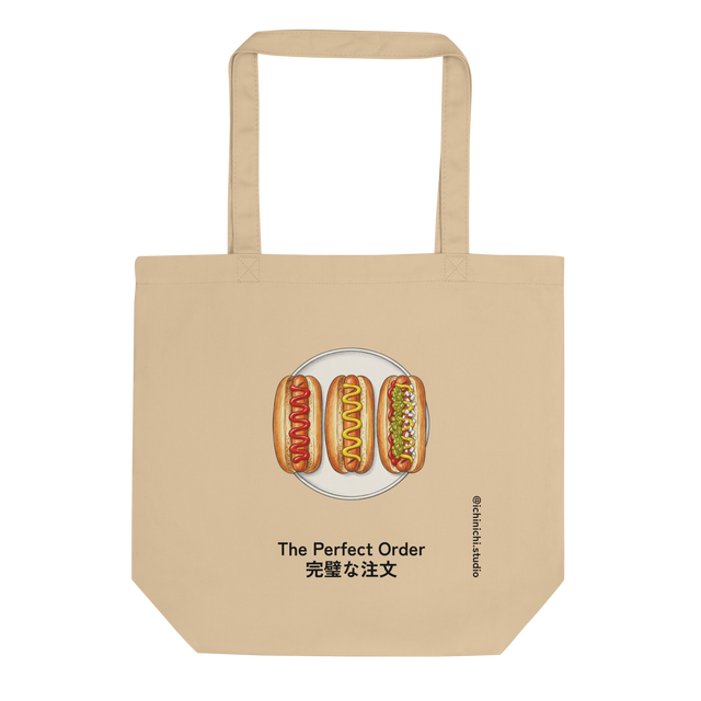 Bird's-eye view illustration of three hot dogs with varying toppings in a color pencil style on an Eco Tote Bag.