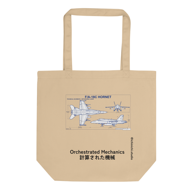 White line architects blue print schematic of an F/A-18 fighter jet on an Eco Tote Bag.