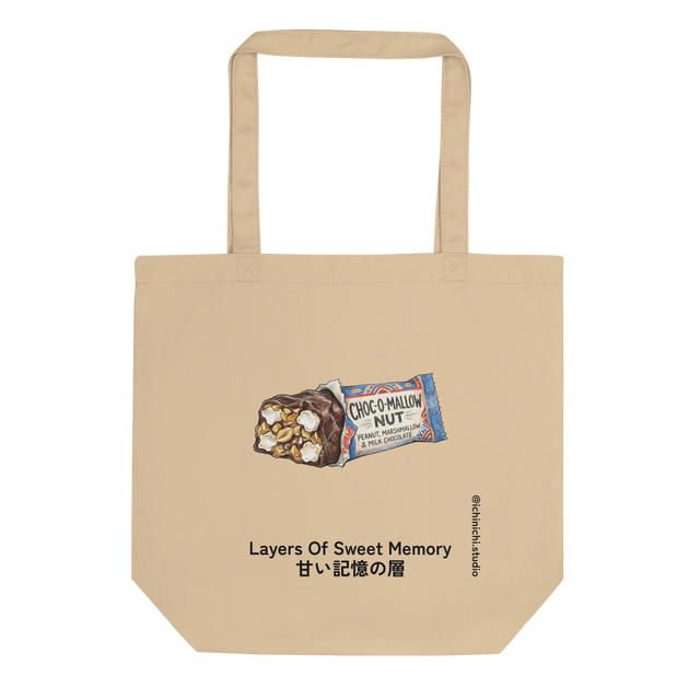 Hand-drawn color pencil illustration of a chocolate peanut marshmallow candy bar on a minimalist Tote Bag.