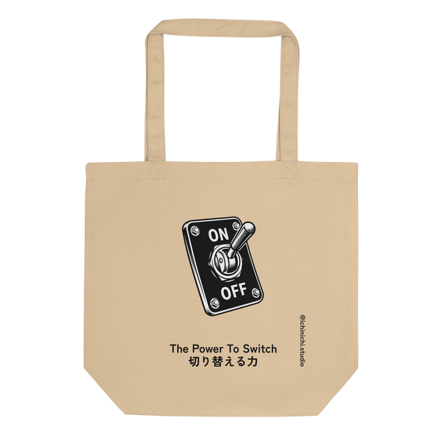 A black and white graphic of an ON/OFF switch printed on a flat Tote Bag.
