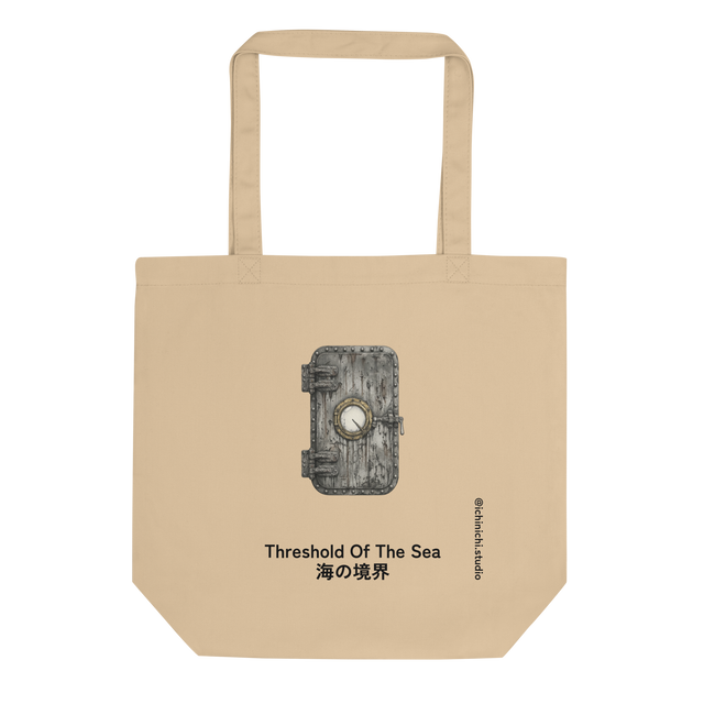 Detailed stippling illustration of a rusted ship port door with a round window on an Eco Tote Bag.