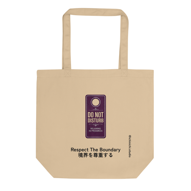 Eco Tote Bag featuring a deep purple minimalist hotel door hanger with silver stark typography and a clean die-cut hole.