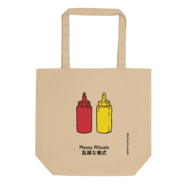 Marker illustration of a messy squeezy ketchup and mustard bottle pair on an Eco Tote Bag.