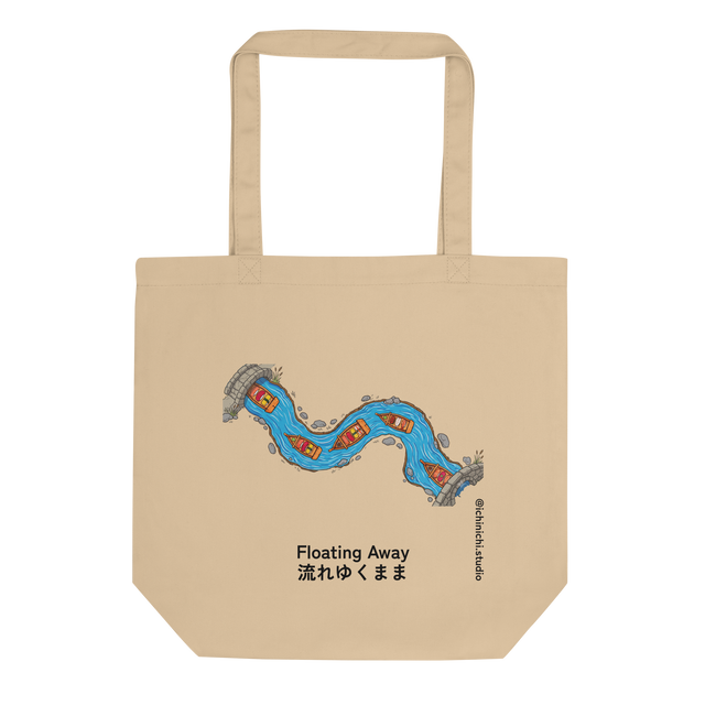 Vibrant marker art illustration of wooden sushi boats floating down a winding river printed on a canvas tote bag.
