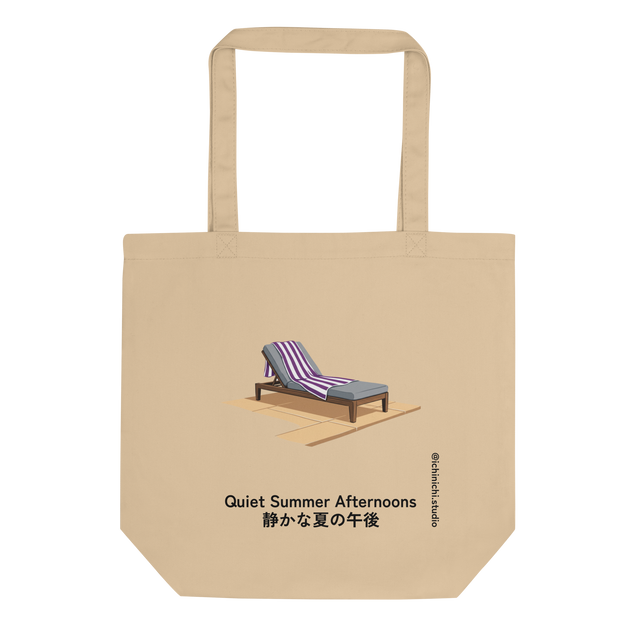 An eco tote bag featuring a painted graphic of a lounge chair with a striped towel next to a pool.