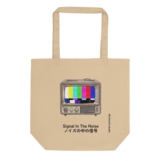 Tote Bag featuring a vintage television set displaying a classic color bar test pattern rendered in colored pencil.