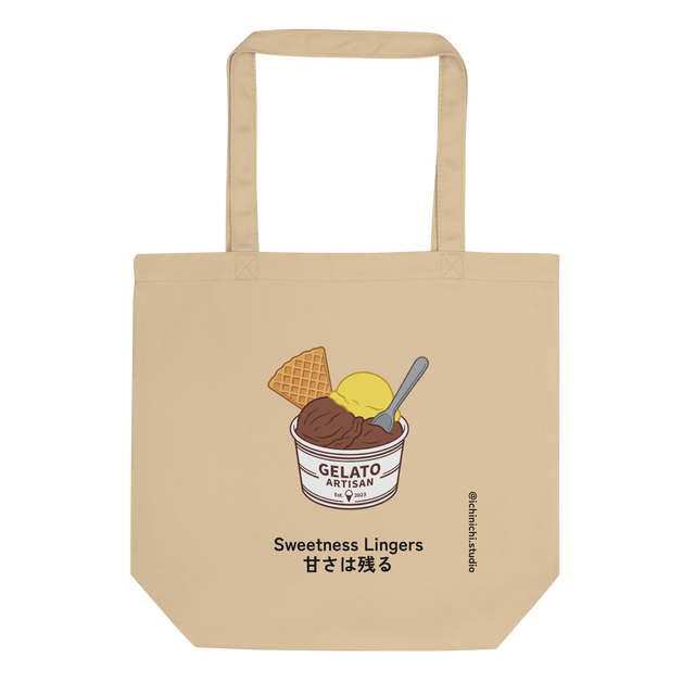 A cup of chocolate and lemon gelato with a waffle cookie and spoon rendered in clean paint brush lines on a Tote Bag.