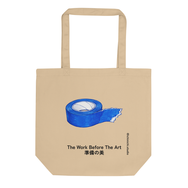 Eco Tote Bag featuring a marker illustration of blue painters tape with torn edges.