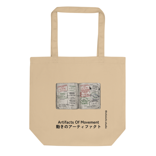 Hand-drawn color pencil illustration of faded passport visa stamps on an Eco Tote Bag