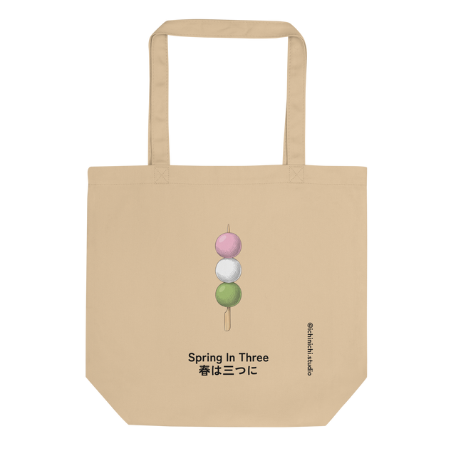 Hand-drawn color pencil illustration of pink white and green hanami dango on an Eco Tote Bag