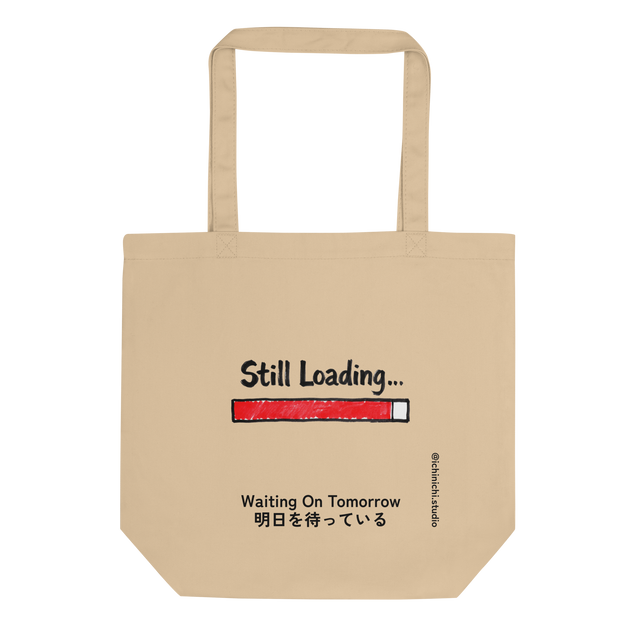 Ninety-Nine Percent graphic eco tote bag with hand drawn 99 percent progress bar and text stuck loading.