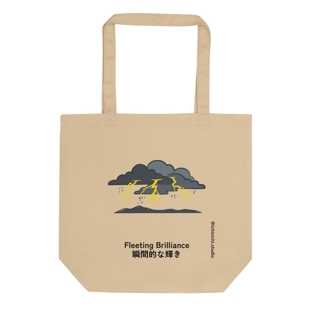Electric Silence graphic on an Eco Tote Bag featuring grey cloud silhouettes and a yellow lightning strike