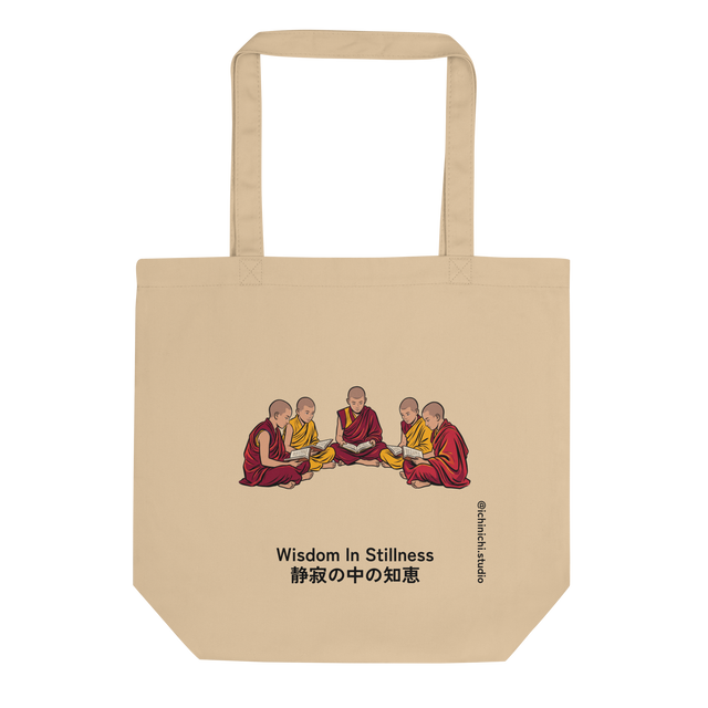 Eco Tote Bag displaying a minimalist brush illustration of seated monks in flowing red and yellow robes studying from open books.