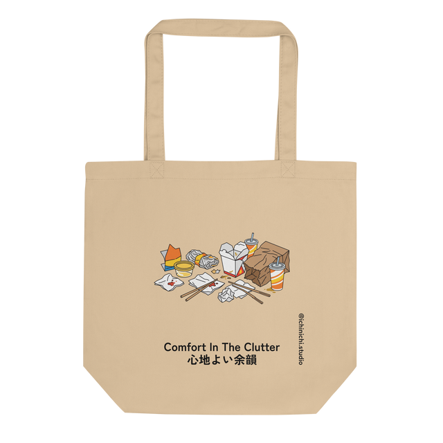Eco Tote Bag displaying a colorful line art design of crumpled takeout bags, boxes, and resting chopsticks.