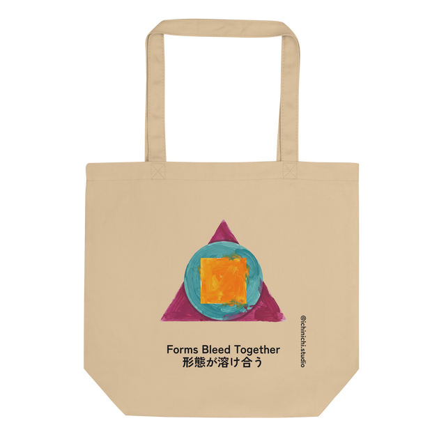 Painted red-purple triangle, blue-green circle, and orange-yellow square nested together on an Eco Tote Bag.