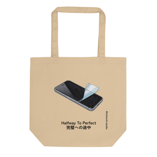 Eco Tote Bag with a marker drawing of a black smartphone showing the clear protective plastic peeled halfway off its glossy screen.