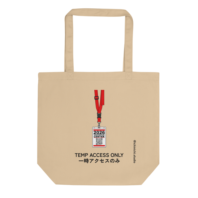 Marker illustration of a full red lanyard and convention badge printed on an Eco Tote Bag.