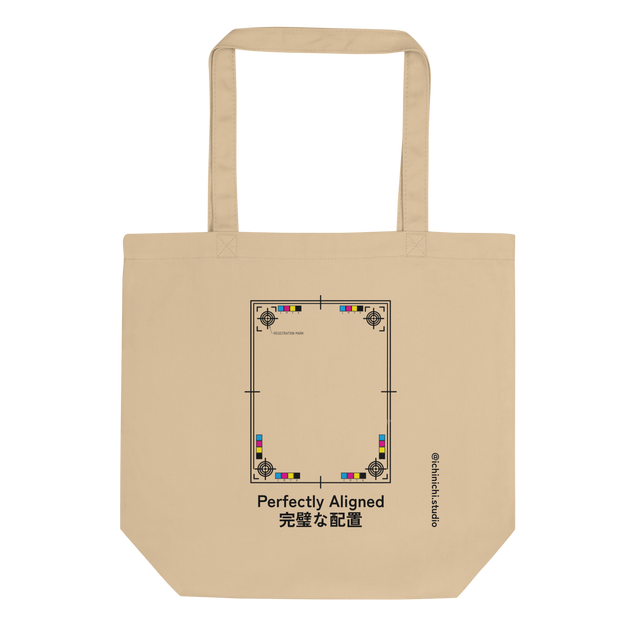 An eco tote bag displaying black printer registration marks and corner crosshairs drawn in a precise architectural blueprint style.