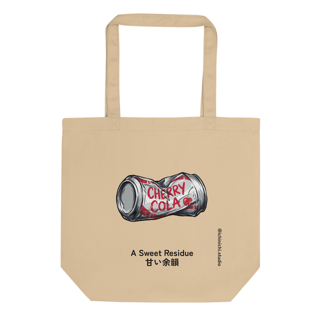 Heavy marker illustration of a crushed silver soda can with red cherry cola lettering on an eco tote bag.
