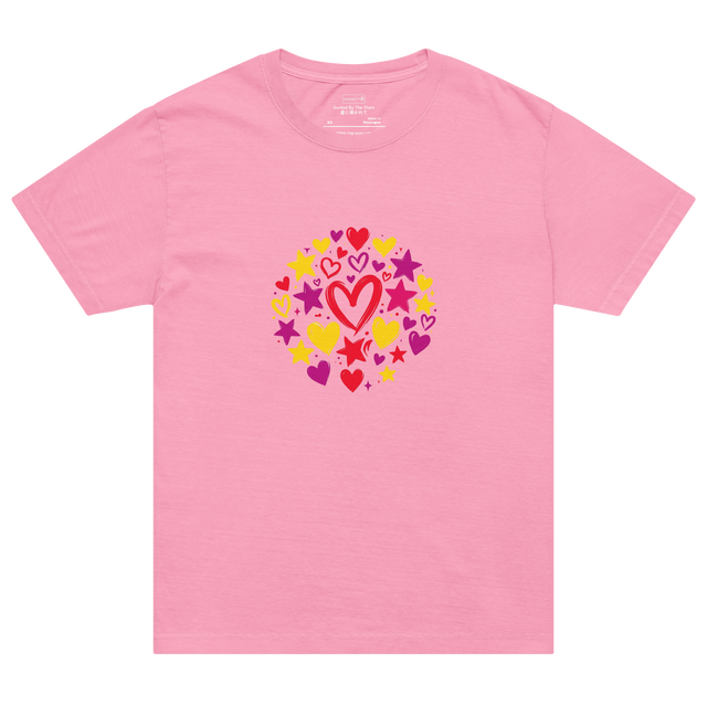 Oversized T-Shirt displaying smooth painted illustrations of vibrant hearts and bright yellow stars.