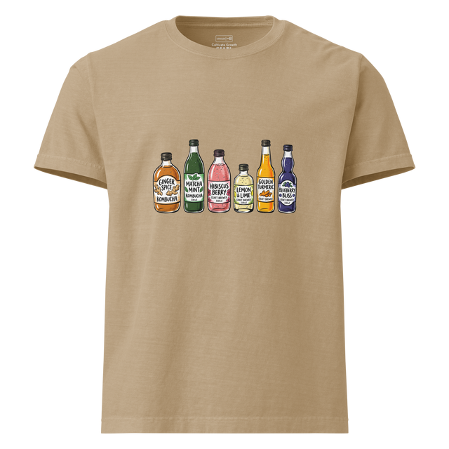 Graphic of multiple colorful kombucha bottles in brush pen style on an Oversized T-Shirt.