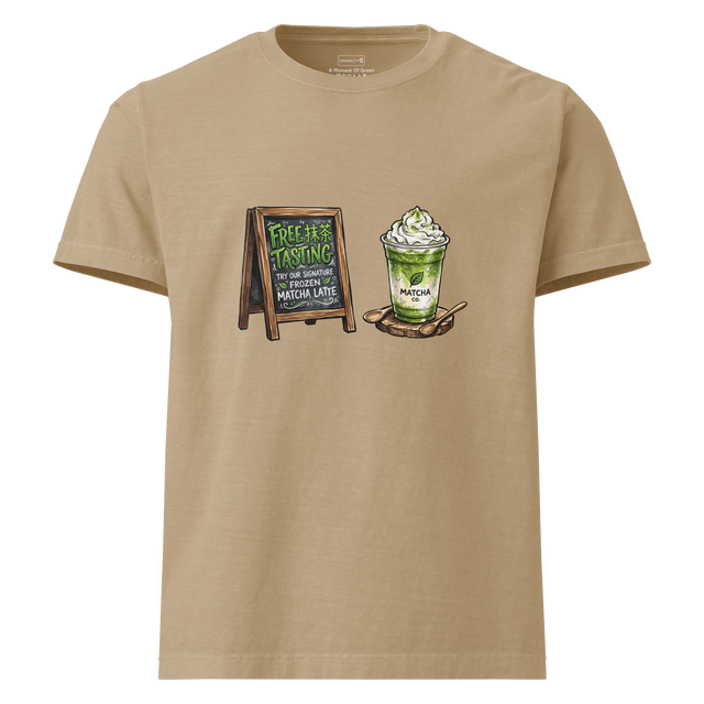 A bold marker rendering of a matcha cafe stand and latte on an Oversized T-Shirt.