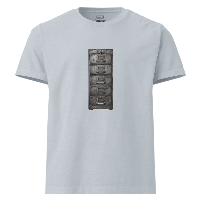 Cross-hatch ink illustration of a rusted vintage metal filing cabinet printed on a minimalist Oversized T-Shirt.