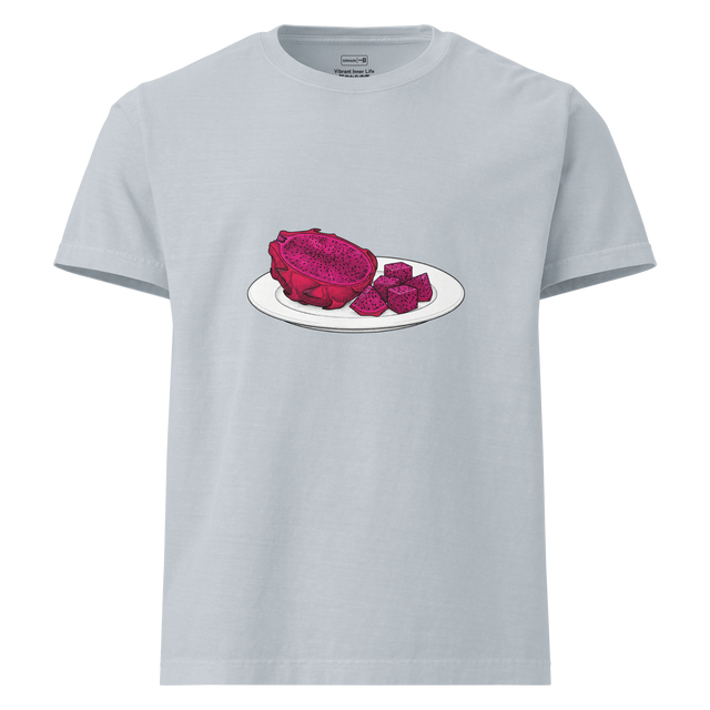 Stippled illustration of a sliced dragon fruit on a white plate, deep red center, oversized t-shirt.