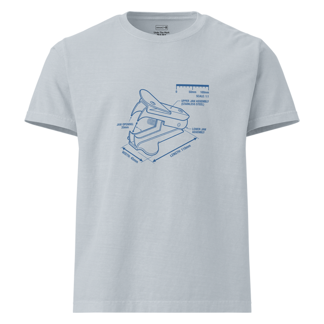 A blueprint illustration of a staple remover on an oversized t-shirt.