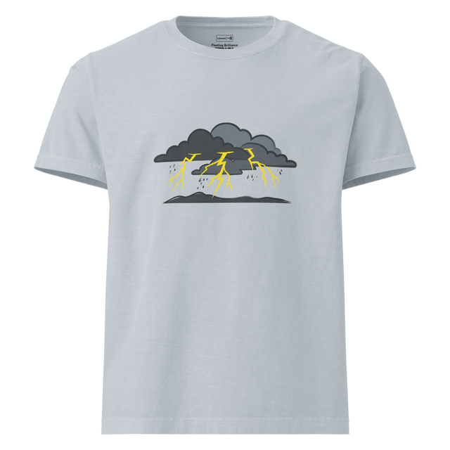 Electric Silence graphic on an Oversized T-Shirt featuring grey cloud silhouettes and a yellow lightning strike